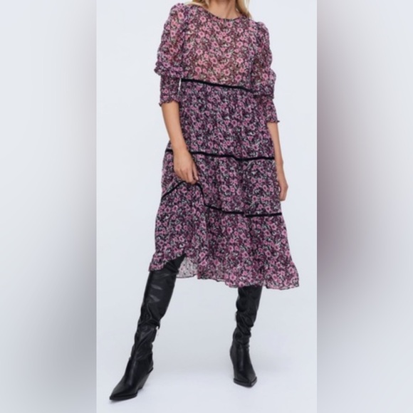 Zara Dresses & Skirts - Zara Black and Pink Floral Tiered Long Sleeve Midi Dress